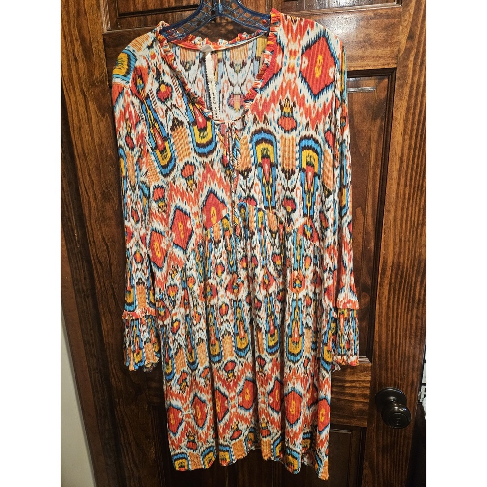 Uncle Frank Aztec Tiered Geo Dress Large Anthropologie Brand Boho Hippie Flowy